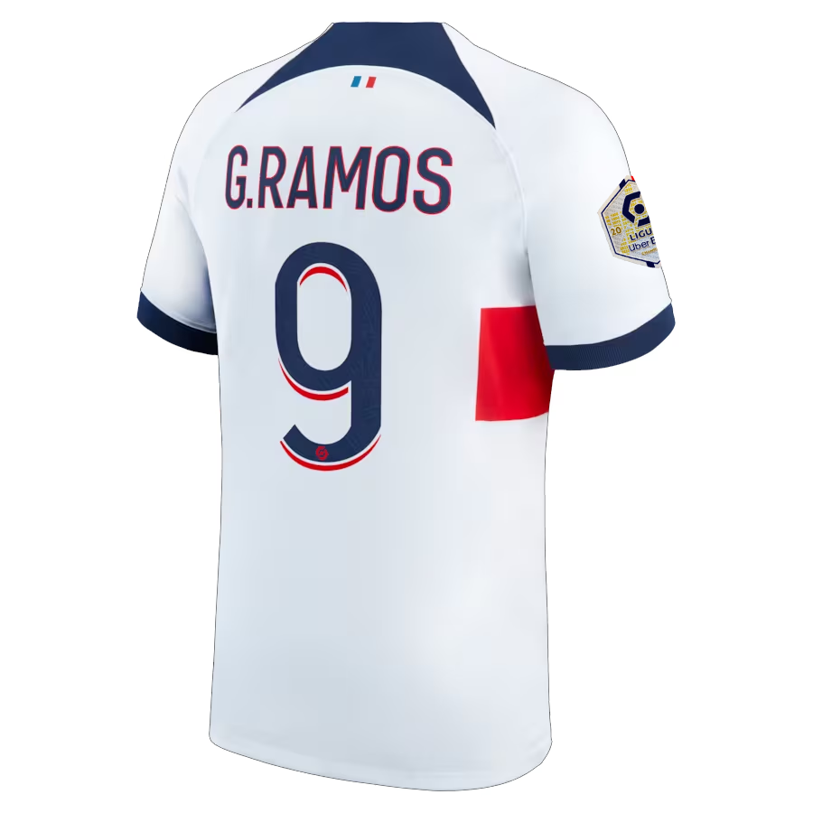 Image of Nike Paris Saint-Germain Goncalo Ramos Away Jersey w/ Ligue 1 Patch 23/24 (White