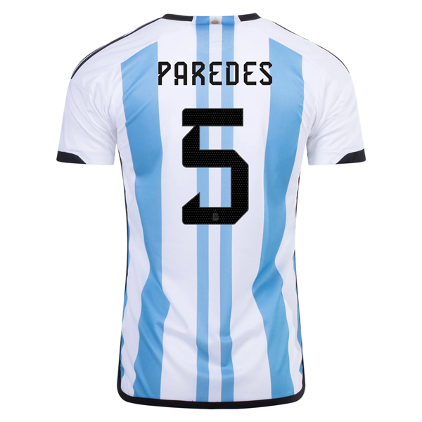 Image of adidas Argentina Leandro Paredes Three Star Home Jersey w/ World Cup Champion Pa