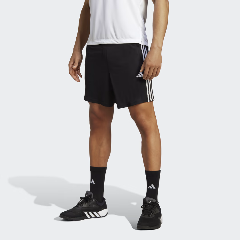 Image of adidas TRAIN ESSENTIALS PIQU 3-STRIPES TRAINING SHORTS 'Black White' IB8111