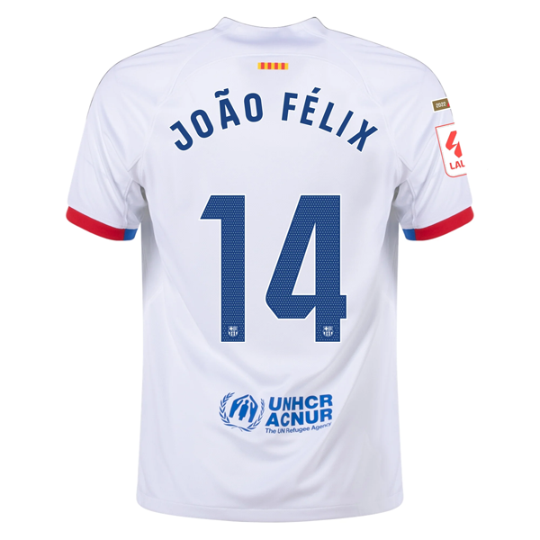 Image of قميص Nike Barcelona João Félix Away Jersey مع رقعات أبطال الدوري الأسباني 23/24 (أبيض/