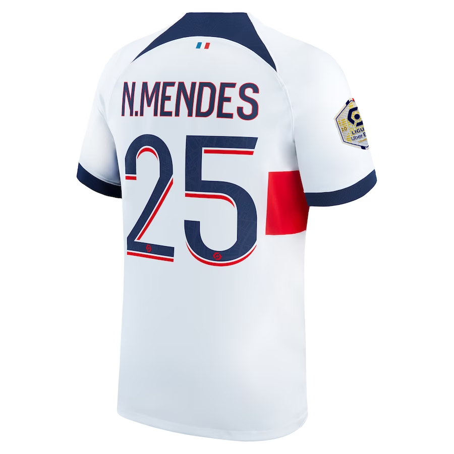 Nike Paris Saint-Germain Nuno Mendes Away Jersey w/ Ligue 1 Patch 23/24 (White/M