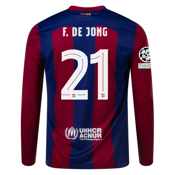 Nike Barcelona Home Frenkie De Jong Long Sleeve Jersey w/ Champions League Patch