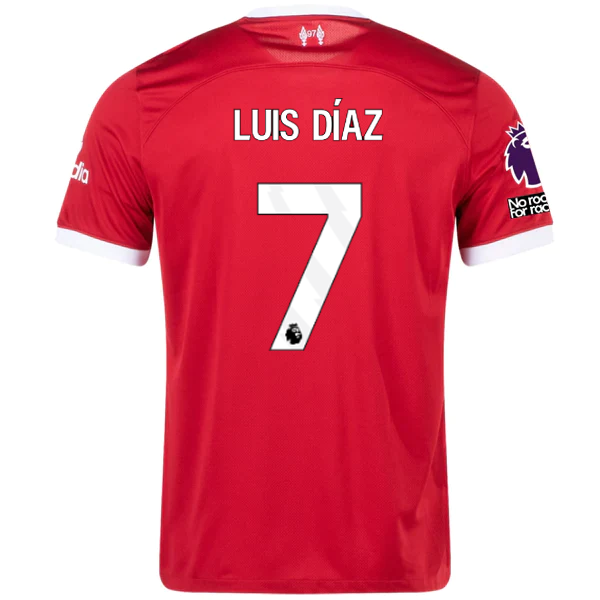 Image of Nike Liverpool Luis Diaz Home Jersey w/ EPL + No Room For Racism Patches 23/24 (