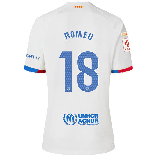 Image of Nike Barcelona Romeu Authentic Match Away Jersey 23/24 w/ LaLiga Patches (White/
