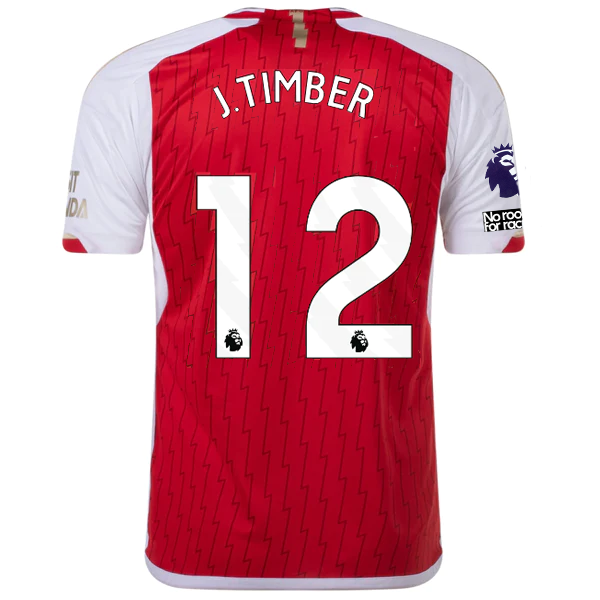 Image of adidas Arsenal Jurrien Timber Home Jersey 23/24 w/ EPL Patch + No Room For Racis