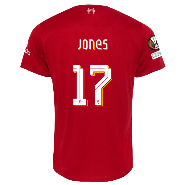 Image of Nike Liverpool Curtis Jones Home Jersey w/ Europa League Patches 23/24 (Red/Whit