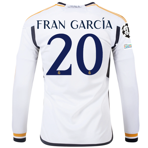 Image of adidas Real Madrid Long Sleeve Fran Garcia Home Jersey w/ Champions League + Clu