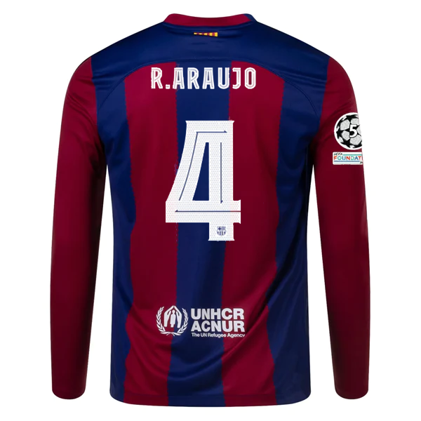 Image of Langärmliges Nike Barcelona Home-Trikot von Ronaldo Araujo mit Champions-League-Aufnäher