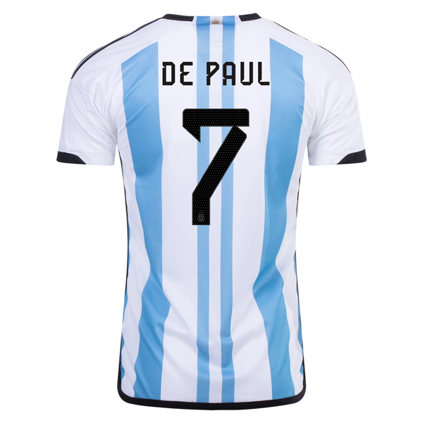 Image of adidas Argentina Rodrigo De Paul Three Star Home Jersey w/ World Cup Champion Pa