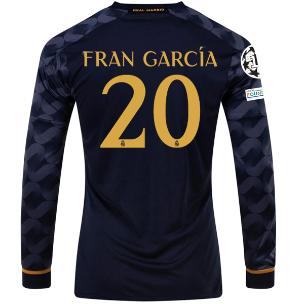 Image of adidas Real Madrid Fran Garcia Long Sleeve Away Jersey w/ Champions League + Clu