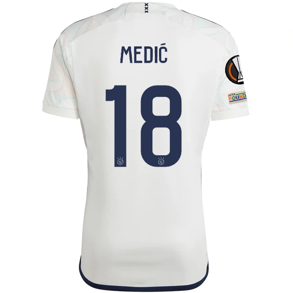 Image of adidas Ajax Jakov Medić Away Jersey w/ Europa League Patches 23/24 (Core White)