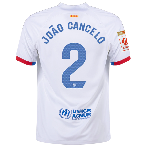 Image of Nike Barcelona João Cancelo Away Jersey w/ La Liga Champions Patches 23/24 (Whit