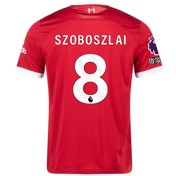 Image of Nike Liverpool Szoboszlai Home Jersey w/ EPL + No Room For Racism Patches 23/24
