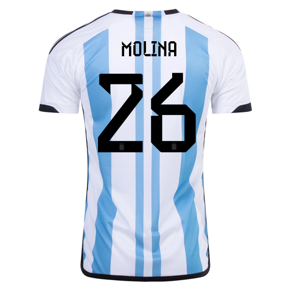 adidas Argentina Nahuel Molina Three Star Home Jersey w/ World Cup Champion Patc