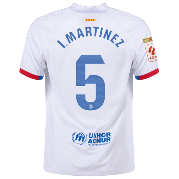Image of Nike Barcelona Iñigo Martinez Away Jersey w/ La Liga Champions Patches 23/24 (Wh