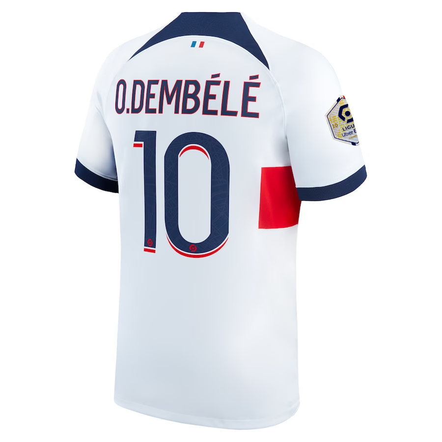Image of Nike Paris Saint-Germain Ousmane Dembele Away Jersey w/ Ligue 1 Patch 23/24 (Whi