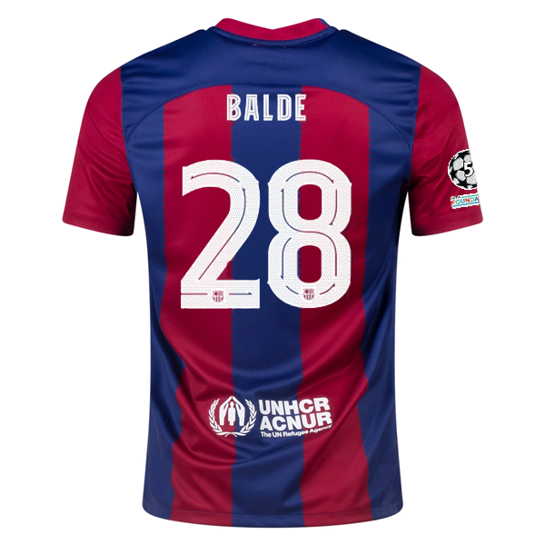 Image of Nike Barcelona Alejandro Balde Home Jersey 23/24 w/ Champions League Patches (No