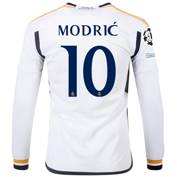Image of adidas Real Madrid Long Sleeve Luka Modric Home Jersey w/ Champions League + Clu