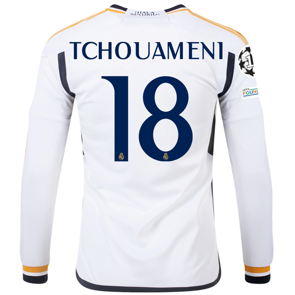 Image of adidas Real Madrid Long Sleeve Tchouameni Home Jersey w/ Champions League + Club