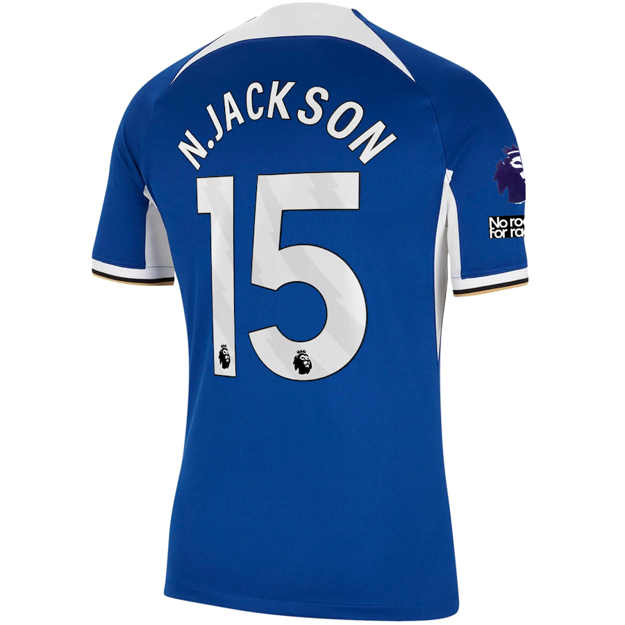 Nike Chelsea Nicolas Jackson Home Jersey w/ EPL + No Room For Racism Patches 23/