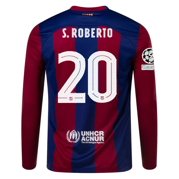 Image of Nike Barcelona Home Sergi Roberto Long Sleeve Jersey w/ Champions League Patches
