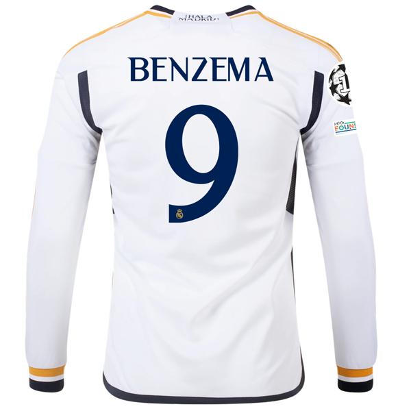 Image of adidas Real Madrid Long Sleeve Karim Benzema Home Jersey w/ Champions League + C
