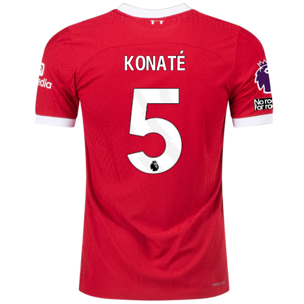 Image of Nike Liverpool Authentic Konate Vaporknit Match Home Jersey w/ EPL + No Room For