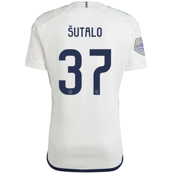 adidas Ajax Josip Šutalo Auswärtstrikot mit Eredivise League Patch 23/24 (Kernweiß).