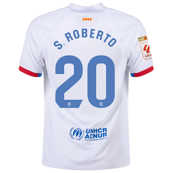 Image of Nike Barcelona Sergi Roberto Away Jersey w/ La Liga Champions Patches 23/24 (Whi