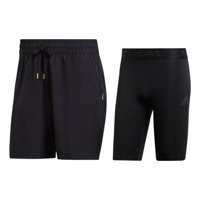 Men's adidas Solid Color Casual Drawstring 2 In 1 Sports Shorts Black HG4203