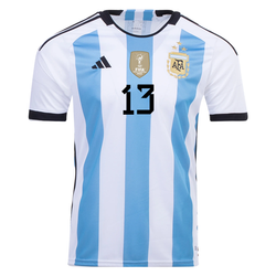 Image of adidas Argentina Cristian Romero Three Star Home Jersey w/ World Cup Champion Pa