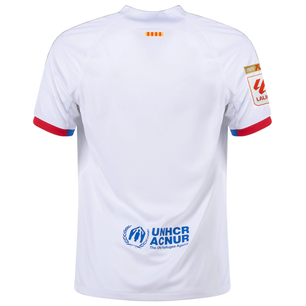 Image of Nike Barcelona Away Jersey w/ La Liga Champions Patches 23/24 (White/Royal Blue)