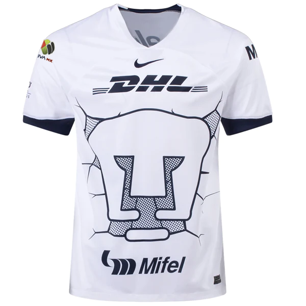 Image of قميص Nike Pumas UNAM الأساسي مع رقعة الدوري المكسيكي رقم 23/24 (أبيض/أزرق بركاني)