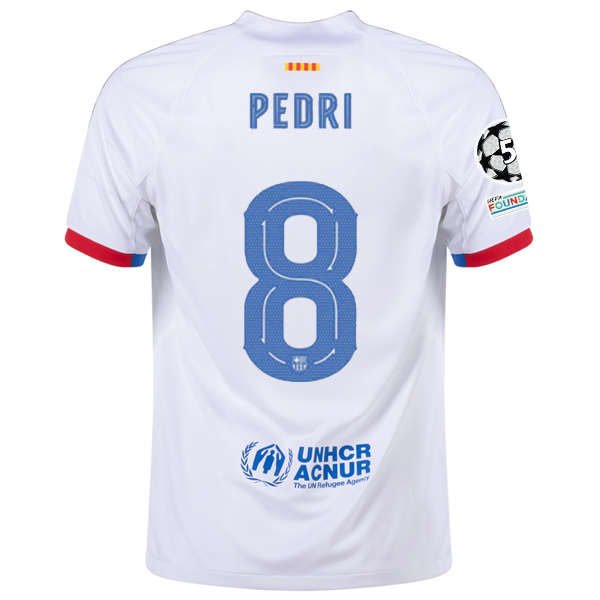 Image of Nike Barcelona Pedri Away Jersey w/ Champions League Patches 23/24 (White/Royal