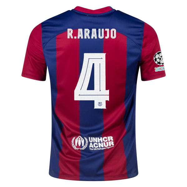 Image of Nike Barcelona Ronald Araujo Home Jersey 23/24 w/ Champions League Patches (Nobl