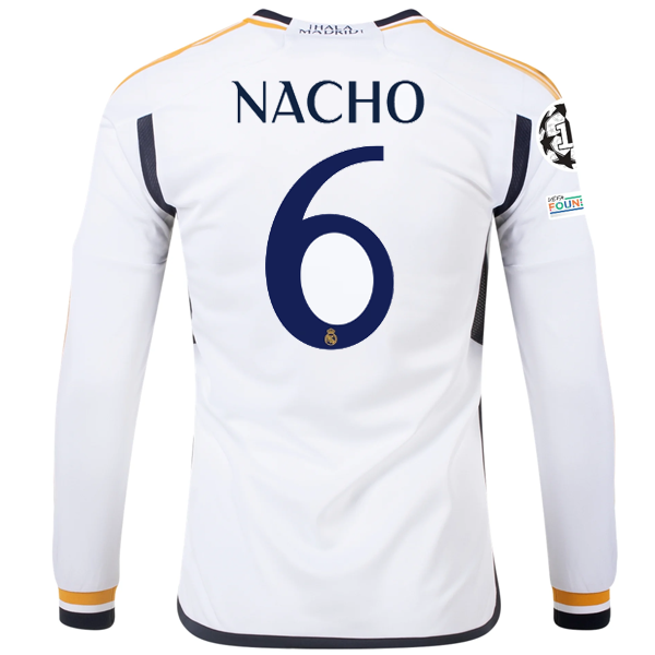 Image of adidas Real Madrid Long Sleeve Nacho Home Jersey w/ Champions League + Club Worl