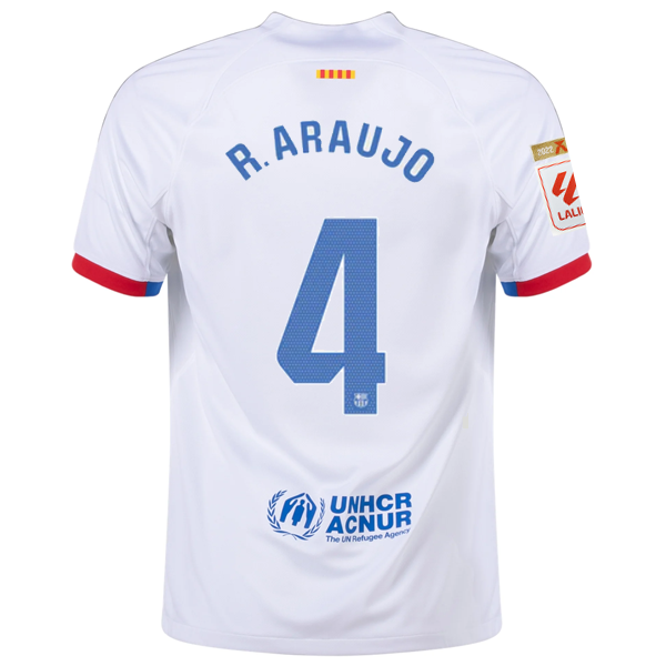 Nike Barcelona Ronald Araujo Away Jersey w/ La Liga Champions Patches 23/24 (Whi