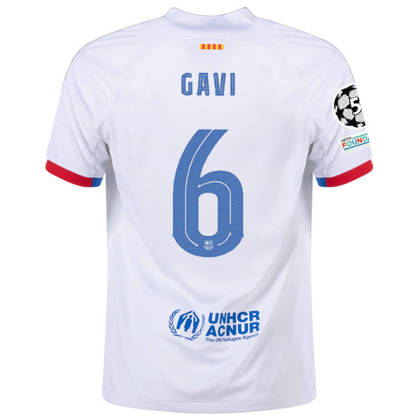 Image of Nike Barcelona Gavi Away Jersey w/ Champions League Patches 23/24 (White/Royal B