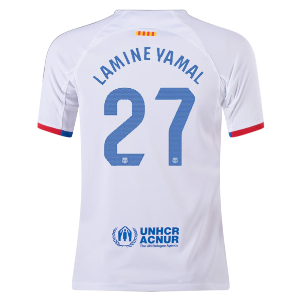 Nike Youth Barcelona Lamine Yamal Away Jersey 23/24 (White/Royal Blue)