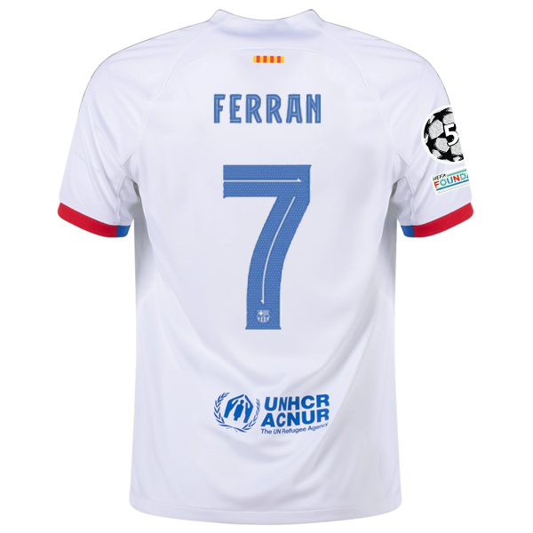 Image of Nike Barcelona Ferran Torres Away Jersey w/ Champions League Patches 23/24 (Whit