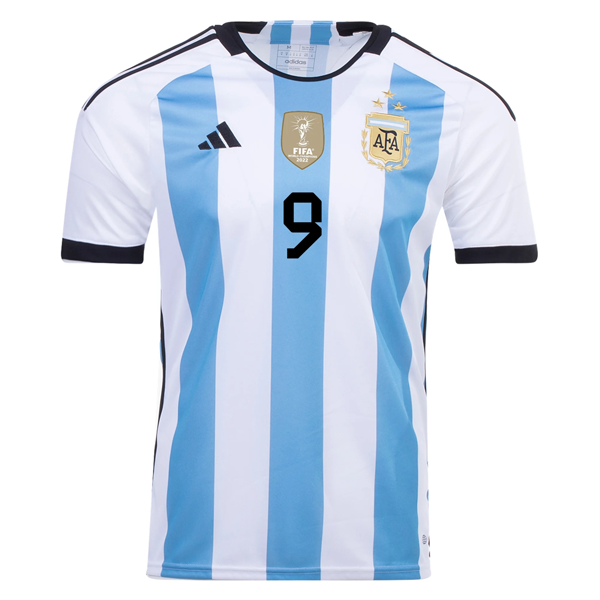 Image of adidas Argentina Julian Alvarez Three Star Home Jersey w/ World Cup Champion Pat
