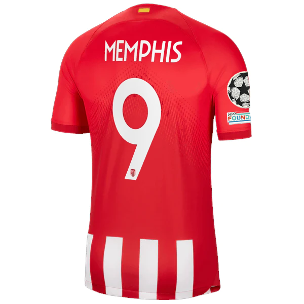 Image of Nike Atletico Madrid Memphis Depay Home Jersey w/ Champions League Patches 23/24