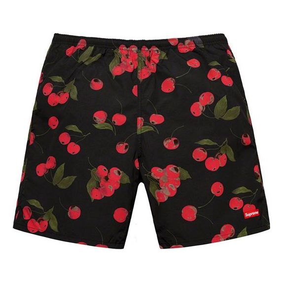 Supreme SS19 Nylon Water Short Cherry Printing Casual Shorts Unisex Black SUP-SS