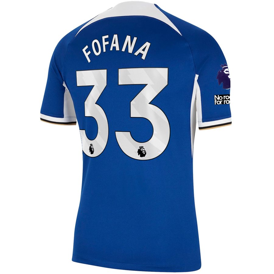 Image of Nike Chelsea Wesley Fofana Home Jersey w/ EPL + No Room For Racism Patches 23/24
