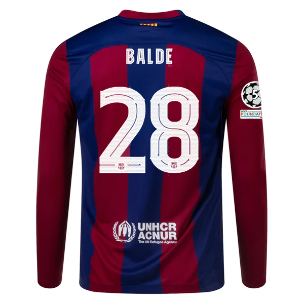 Image of Nike Barcelona Home Alejandro Balde Long Sleeve Jersey w/ Champions League Patch