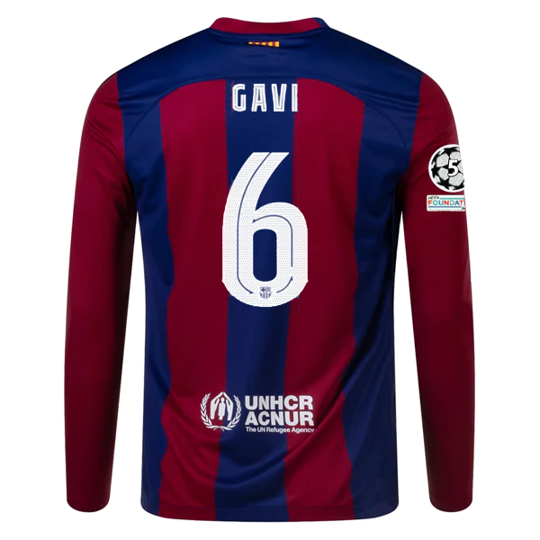 Nike Barcelona Home Gavi Long Sleeve Jersey w/ Champions League Patches 23/24  (
