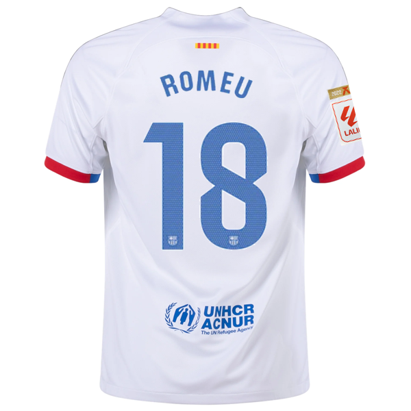 Image of Nike Barcelona Oriol Romeu Away Jersey w/ La Liga Champions Patches 23/24 (White