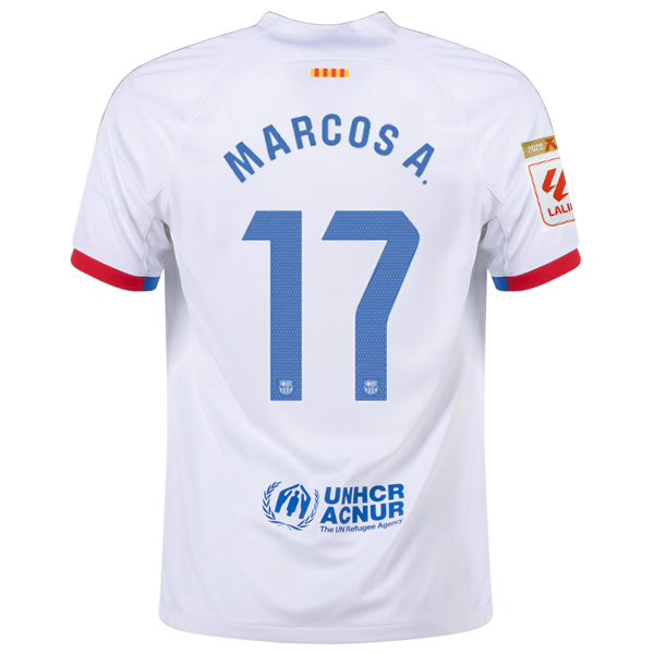 Image of Nike Barcelona Marcos Alonso Away Jersey w/ La Liga Champions Patches 23/24 (Whi