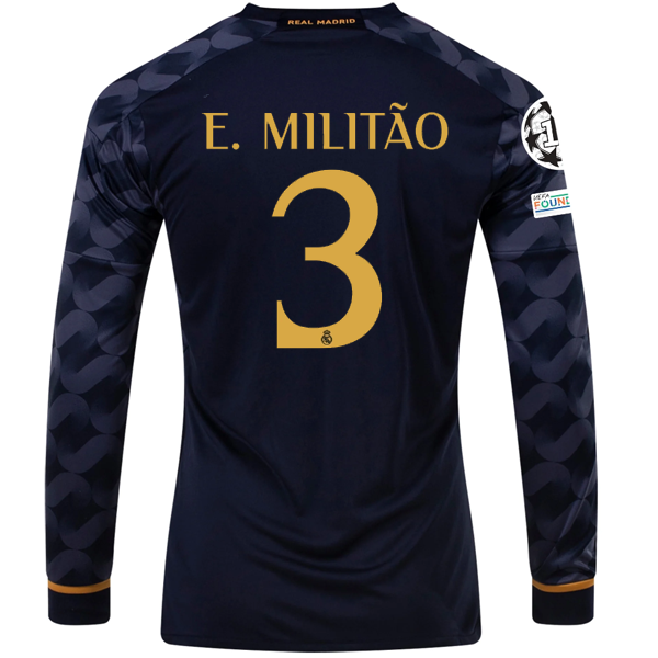 Image of adidas Real Madrid Militao Long Sleeve Away Jersey w/ Champions League + Club Wo