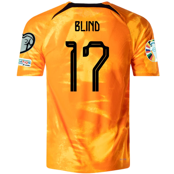 Image of Nike Netherlands Daley Blind Home Match Authentic Jersey w/ Euro Qualifying Patc
